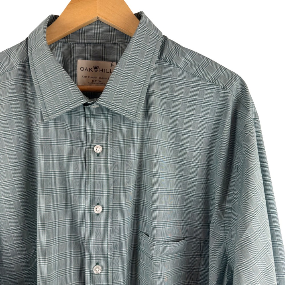 Oak Hill Plaid Button Down Shirt Mens 18 37/38 Green Classic Fit Easy Stretch